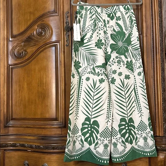 NEW Linen Blend Macaw Elegance Green Cream Leafy Tropical Print Wide Leg Pants S - Picture 7 of 17